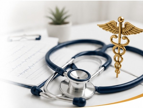 Stethoscope and gold caduceus symbol on a medical desk