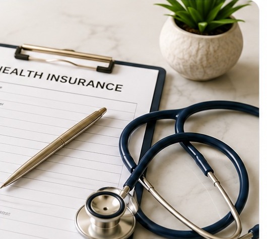 Health insurance form, pen, and stethoscope on a desk